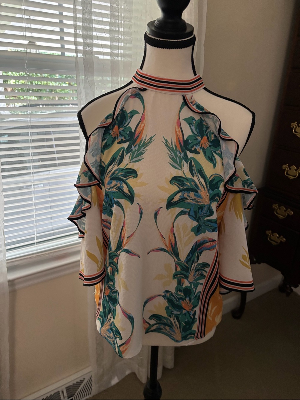 Jealous Tomato Cream Halter Blouse with Teal and Yellow Floral Print